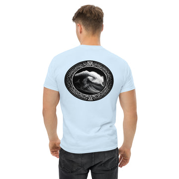 Men's classic Cotton T-Shirt with Unique Giant B&W Wave and Symbols - Surf Collection