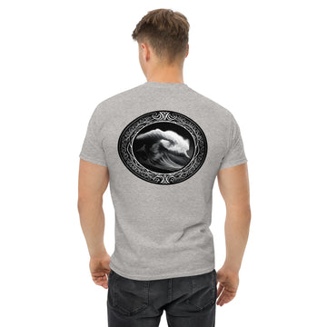 Men's classic Cotton T-Shirt with Unique Giant B&W Wave and Symbols - Surf Collection