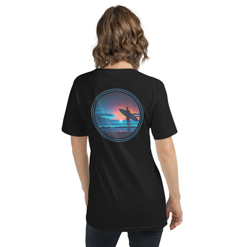 Short Sleeve V-Neck T-Shirt - Surfer With Sunset - Woman