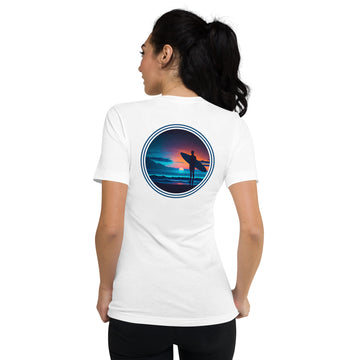 Short Sleeve V-Neck T-Shirt - Surfer With Sunset - Woman